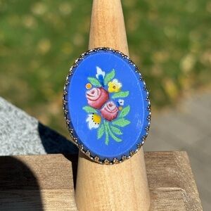 Vintage Flower Ring Adjustable Cottagecore Floral Blue Bouquet